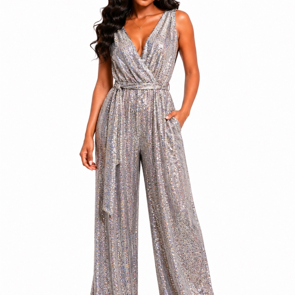 City Chic Silver Sequin V-Neck Wide-Leg Jumpsuit